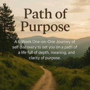 Path of Purpose text overlaying image of a winding dirt road through a grassy hillside surrounded by pine trees and mountains with the sun setting in the distance